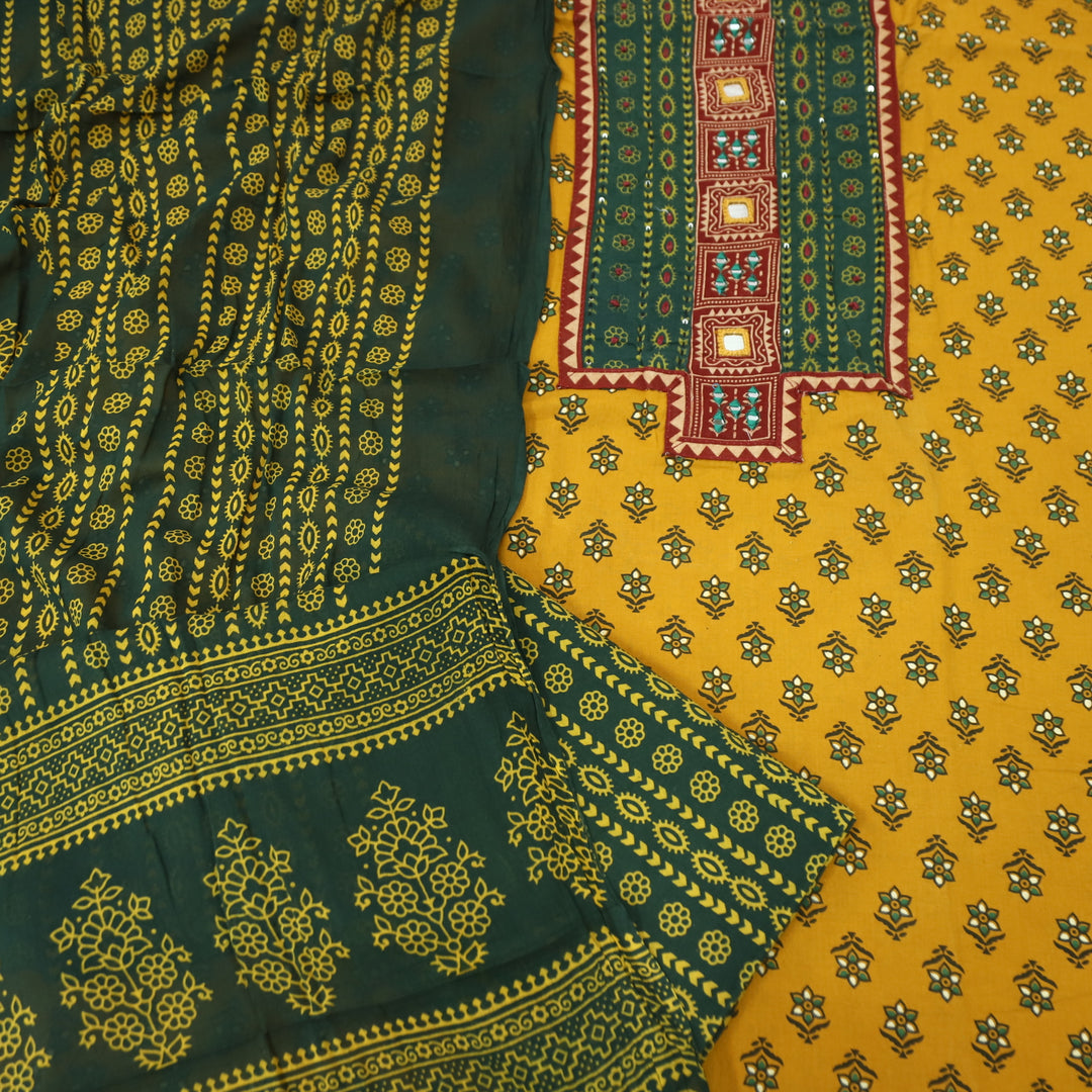 Ruhani Turmeric Yellow Mirror Neck Work Yoke  in Ajrak Printed Cotton Suit Set D3