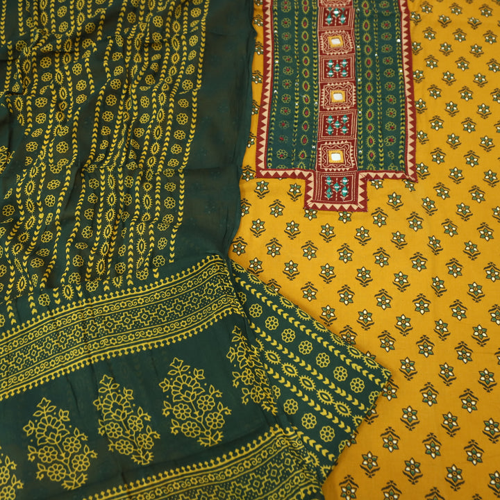 Ruhani Turmeric Yellow Mirror Neck Work Yoke  in Ajrak Printed Cotton Suit Set D3