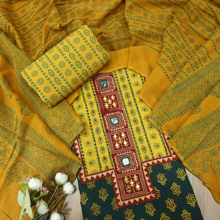 Ruhani Pine Green Mirror Neck Work Yoke in Ajrak Printed Cotton Suit Set D3