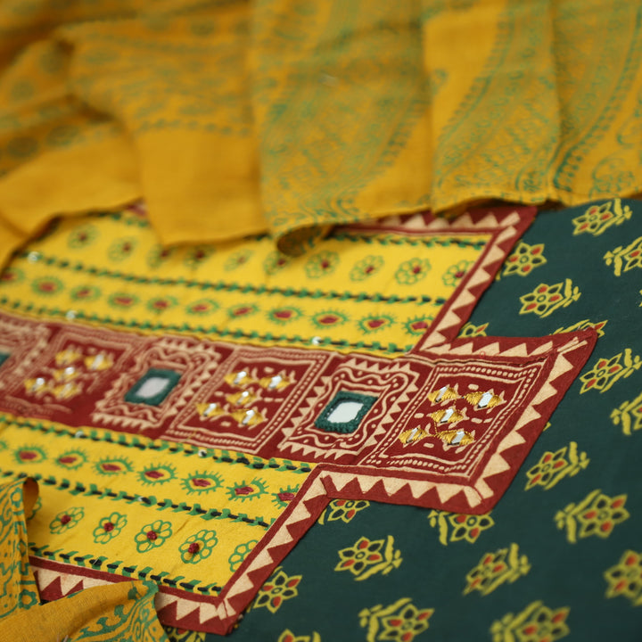 Ruhani Pine Green Mirror Neck Work Yoke in Ajrak Printed Cotton Suit Set D3
