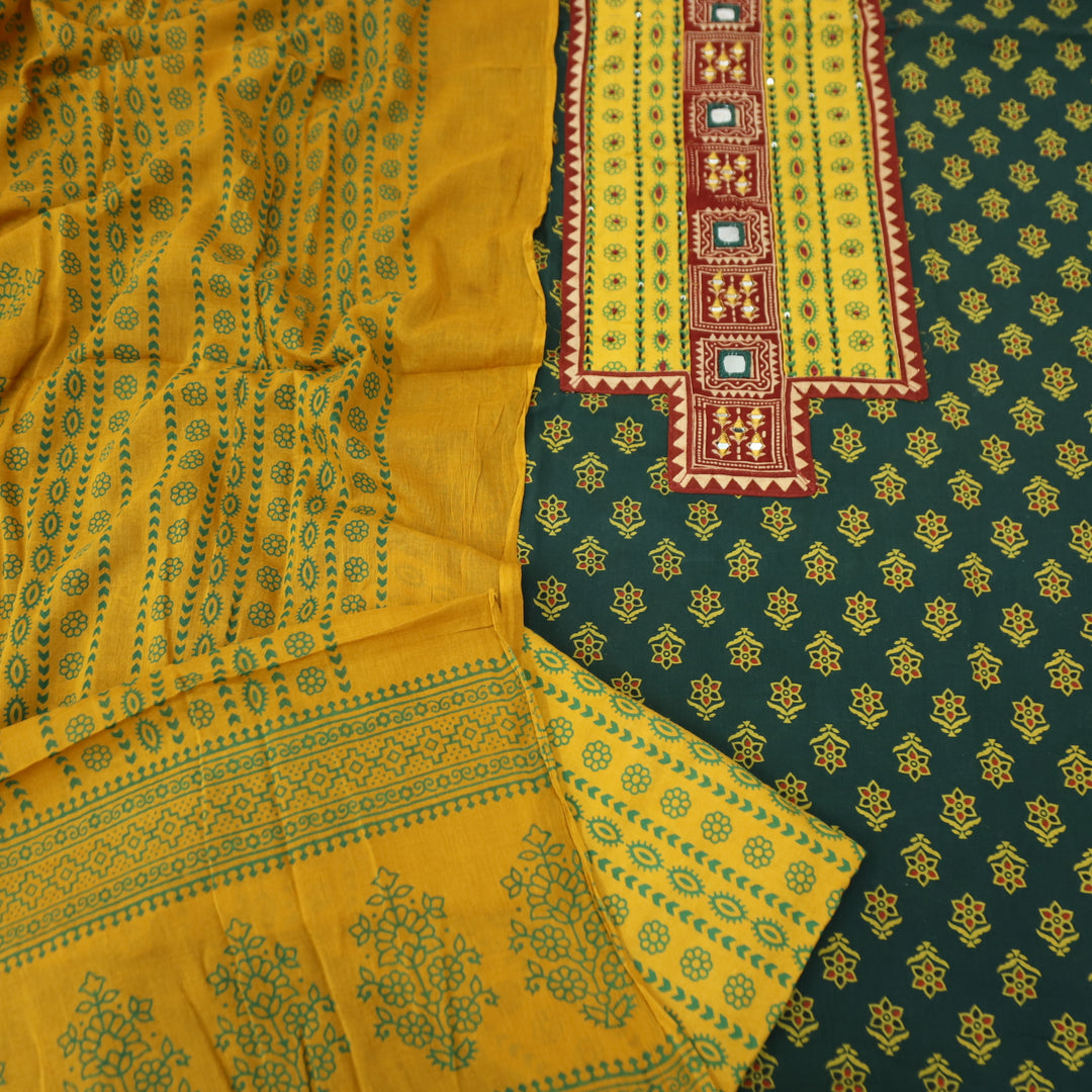 Ruhani Pine Green Mirror Neck Work Yoke in Ajrak Printed Cotton Suit Set D3