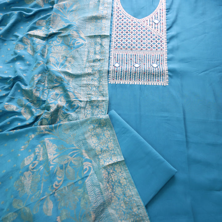सलामी Cerulean Blue Embellish Zari Neck Work with Mirror Modal Suit Set
