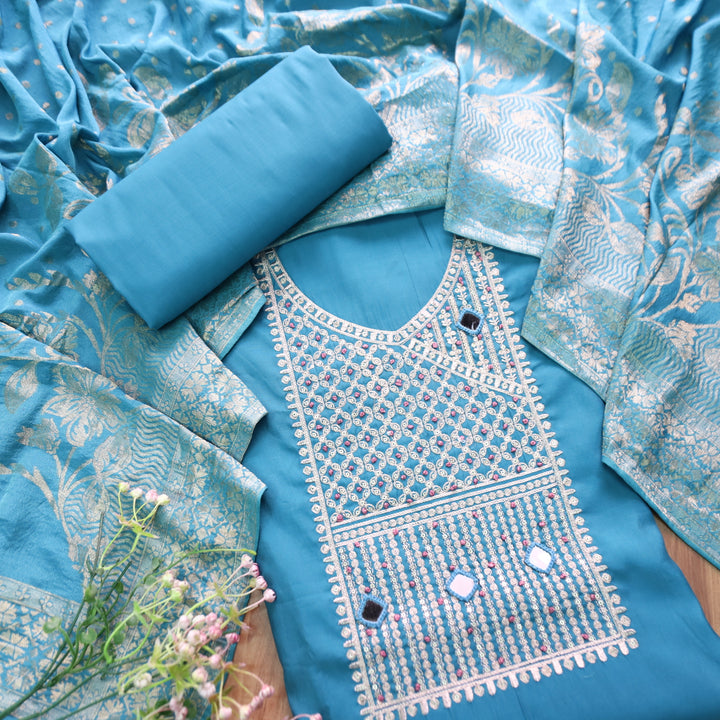 सलामी Cerulean Blue Embellish Zari Neck Work with Mirror Modal Suit Set