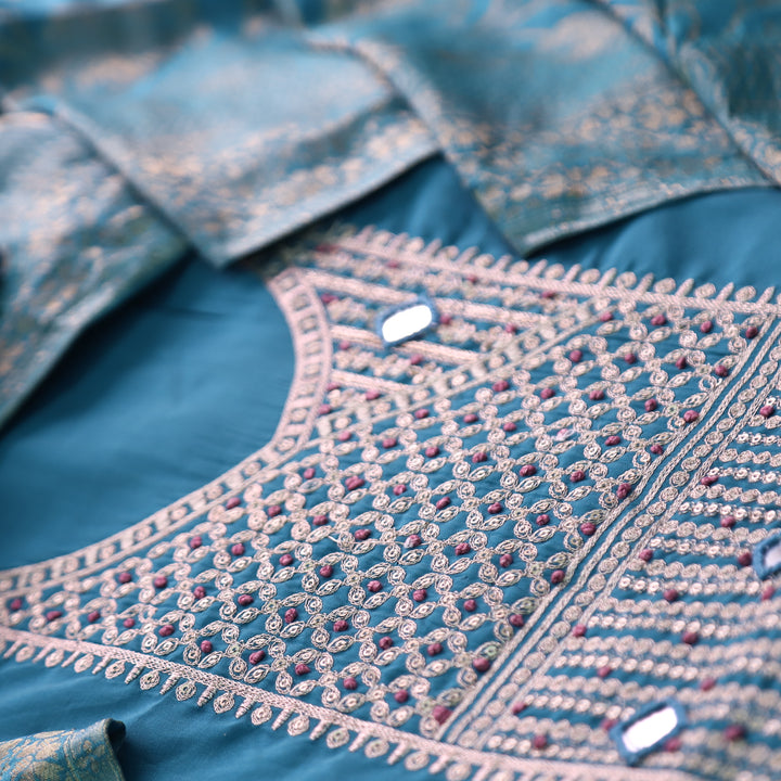 सलामी Cerulean Blue Embellish Zari Neck Work with Mirror Modal Suit Set
