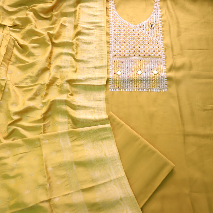 सलामी Mustard Yellow Embellish Zari Neck Work with Mirror Modal Suit Set