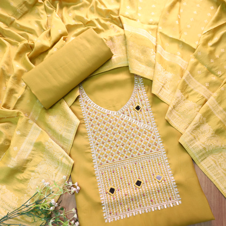 सलामी Mustard Yellow Embellish Zari Neck Work with Mirror Modal Suit Set