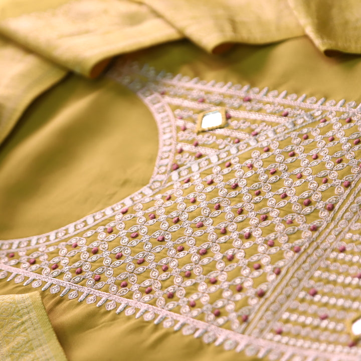 सलामी Mustard Yellow Embellish Zari Neck Work with Mirror Modal Suit Set