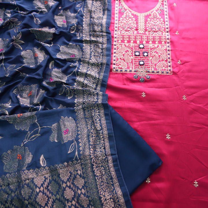 Zareen Mulberry Purple Zari Embellish Neck Work with Mirror Glazed Cotton Suit Set