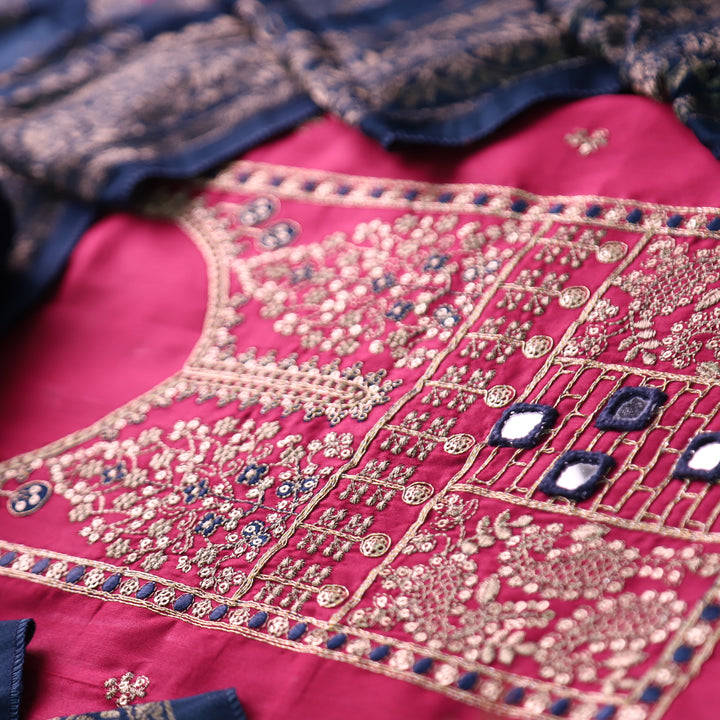 Zareen Mulberry Purple Zari Embellish Neck Work with Mirror Glazed Cotton Suit Set