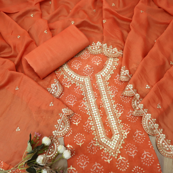 Ishaani Rust Orange with Embellish Zari Neck Work Printed Modal Suit Set