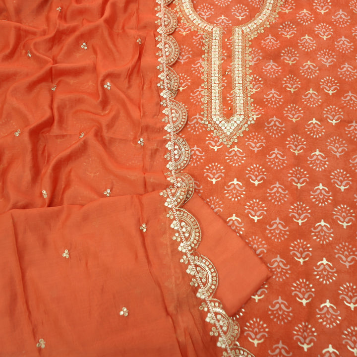 Ishaani Rust Orange with Embellish Zari Neck Work Printed Modal Suit Set