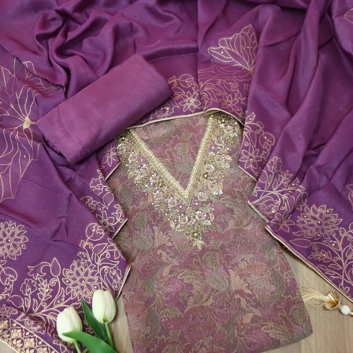 Zareen Orchid Purple with Embellish V Neck Work in Floral Print Shimmer Tissue Set