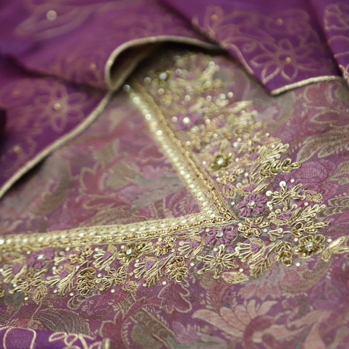 Zareen Orchid Purple with Embellish V Neck Work in Floral Print Shimmer Tissue Set