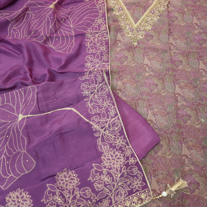 Zareen Orchid Purple with Embellish V Neck Work in Floral Print Shimmer Tissue Set
