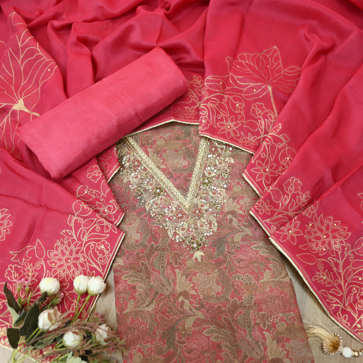 Zareen Rossy Blush with Embellish V Neck Work in Floral Print Shimmer Tissue Set
