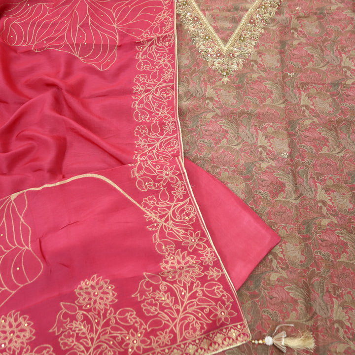 Zareen Rossy Blush with Embellish V Neck Work in Floral Print Shimmer Tissue Set