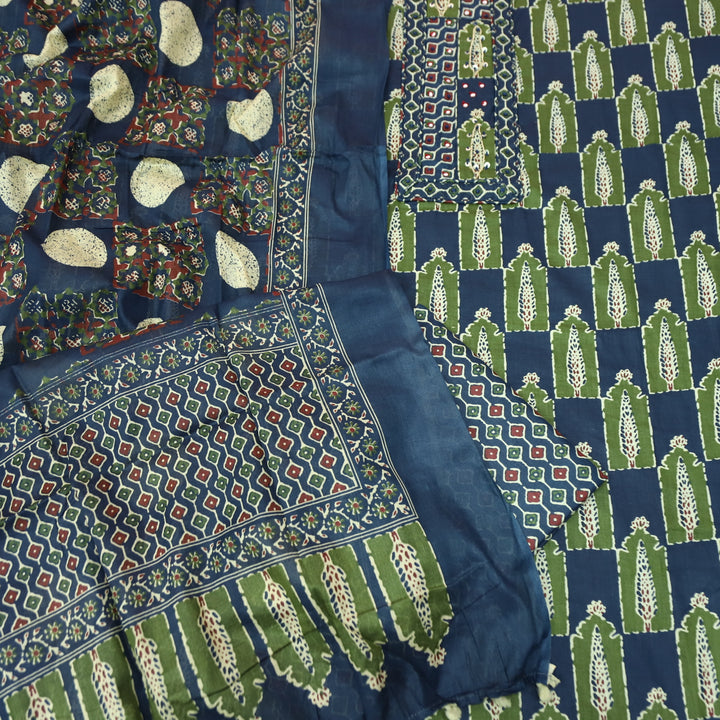 Payal Royal Blue Patra with Mirror Work on Yoke in Ajrak Printed Cotton Suit Set
