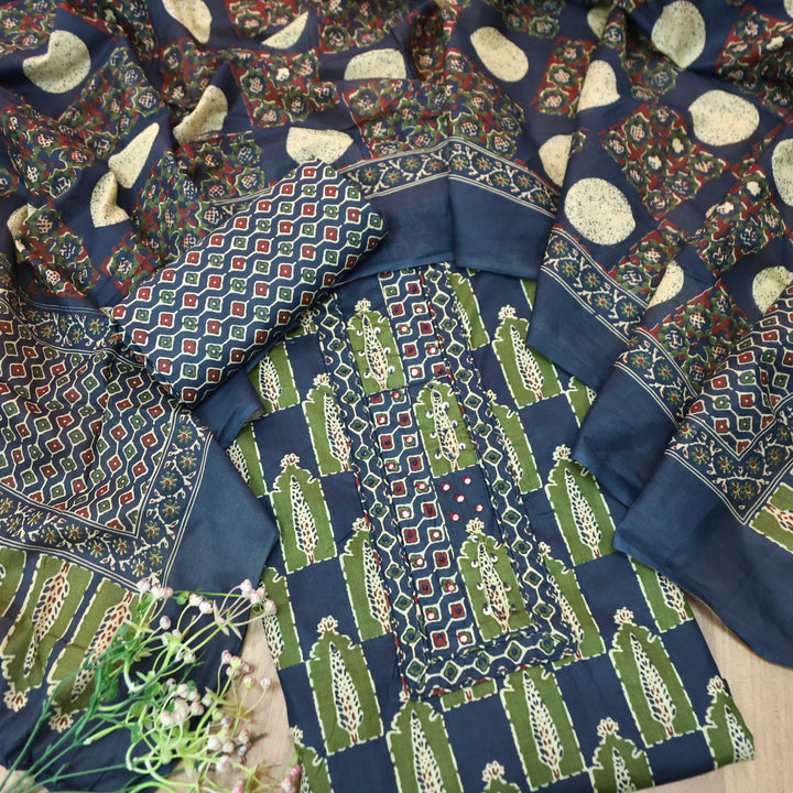 Payal Royal Blue Patra with Mirror Work on Yoke in Ajrak Printed Cotton Suit Set