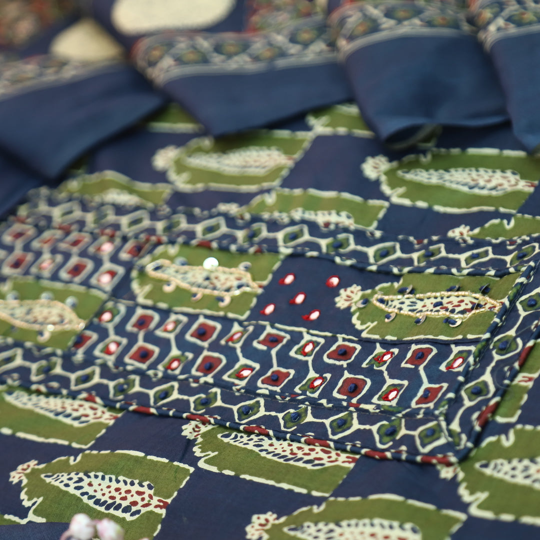 Payal Royal Blue Patra with Mirror Work on Yoke in Ajrak Printed Cotton Suit Set