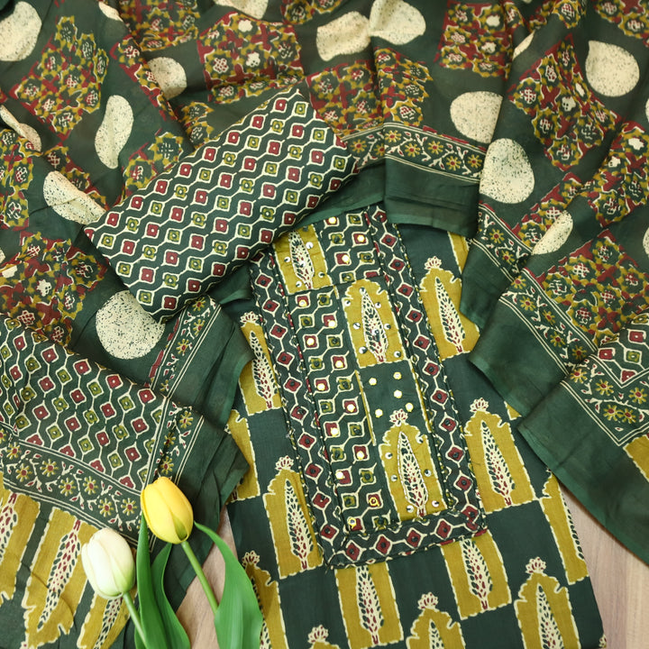 Payal Pine Green Patra with Mirror Work on Yoke in Ajrak Printed Cotton Suit Set