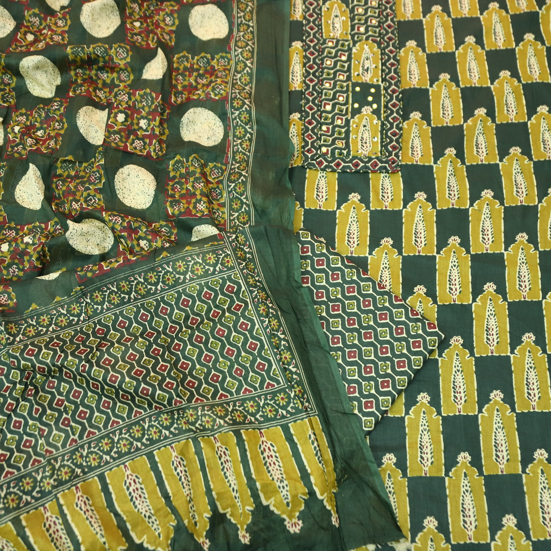 Payal Pine Green Patra with Mirror Work on Yoke in Ajrak Printed Cotton Suit Set