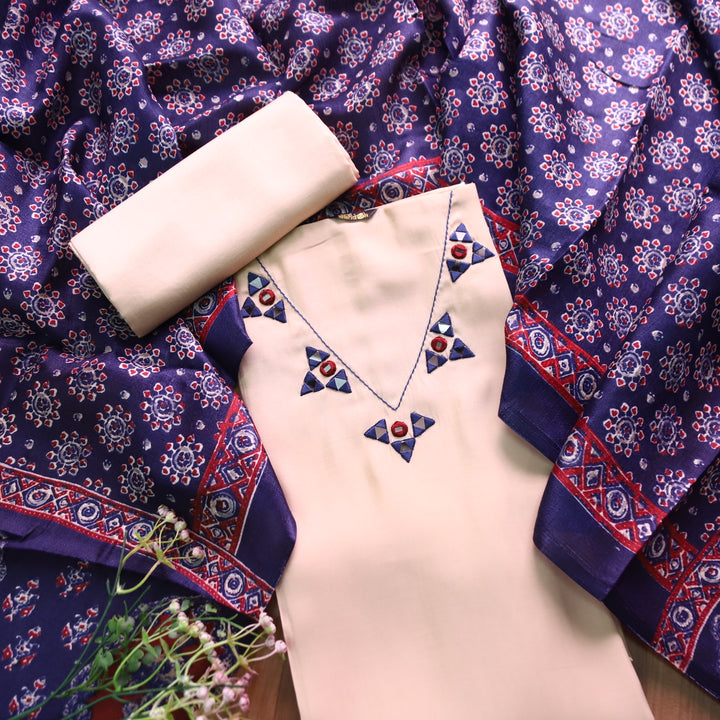 Saheli Cream White V Neck Mirror Work Detailing Neck Roman Silk Set with Blue Dupatta