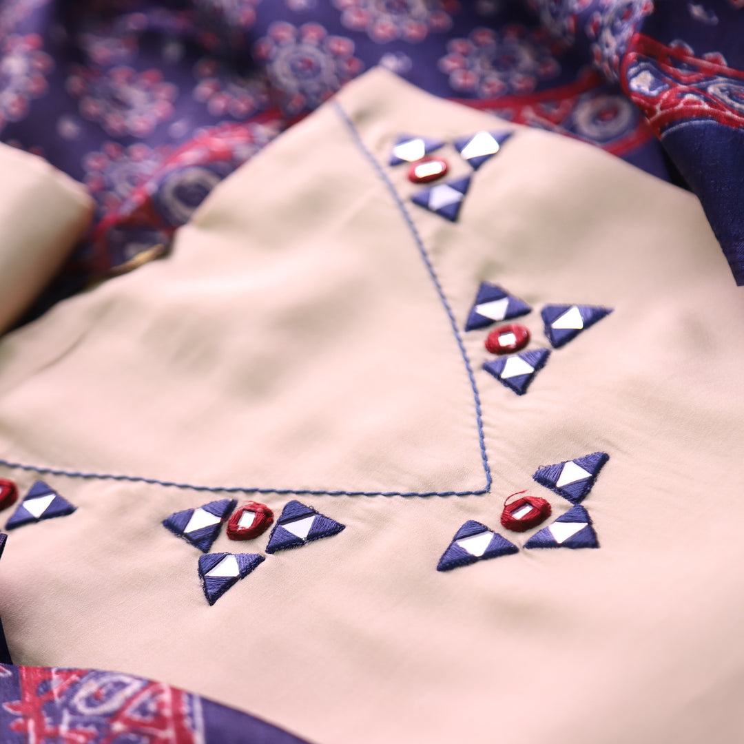Saheli Cream White V Neck Mirror Work Detailing Neck Roman Silk Set with Blue Dupatta