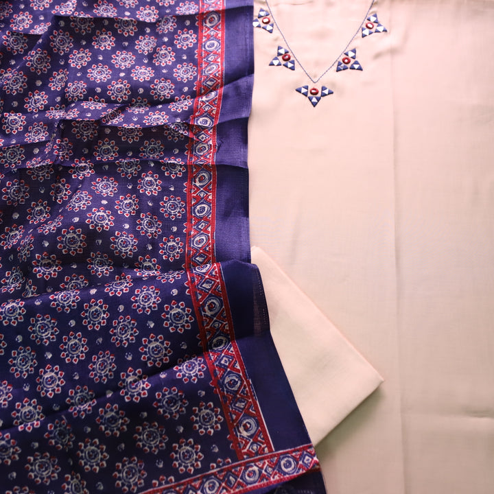 Saheli Cream White V Neck Mirror Work Detailing Neck Roman Silk Set with Blue Dupatta