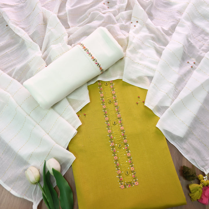 Soniya Mustard Yellow Thread Work Neck with Button Detailing Cotton Suit Set