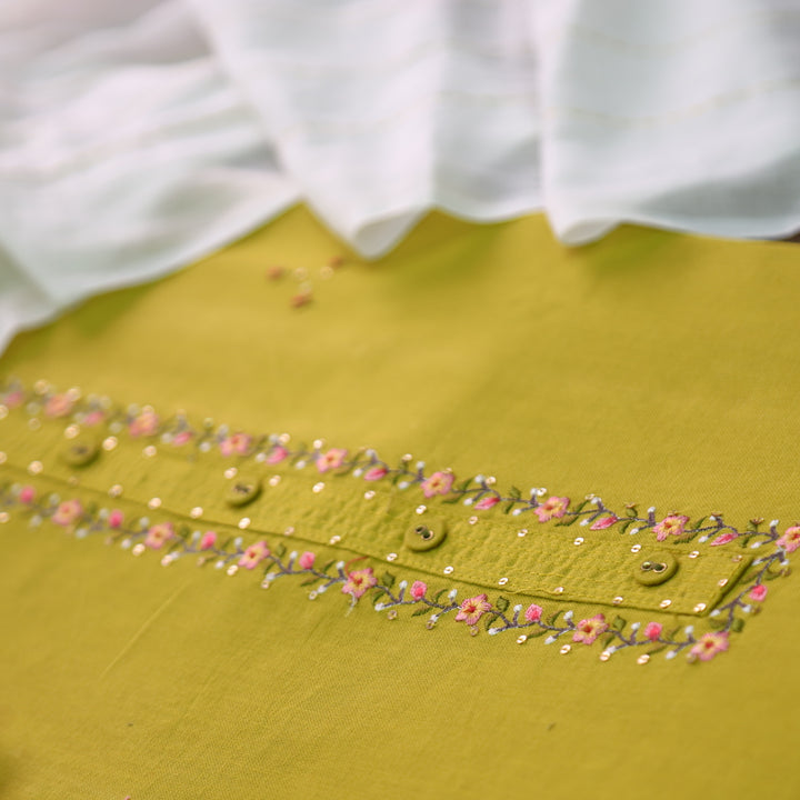 Soniya Mustard Yellow Thread Work Neck with Button Detailing Cotton Suit Set