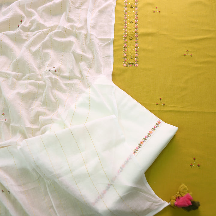 Soniya Mustard Yellow Thread Work Neck with Button Detailing Cotton Suit Set