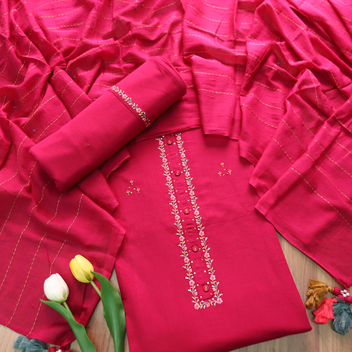 Soniya Rani Pink Thread Work Neck with Button Detailing Cotton Suit Set