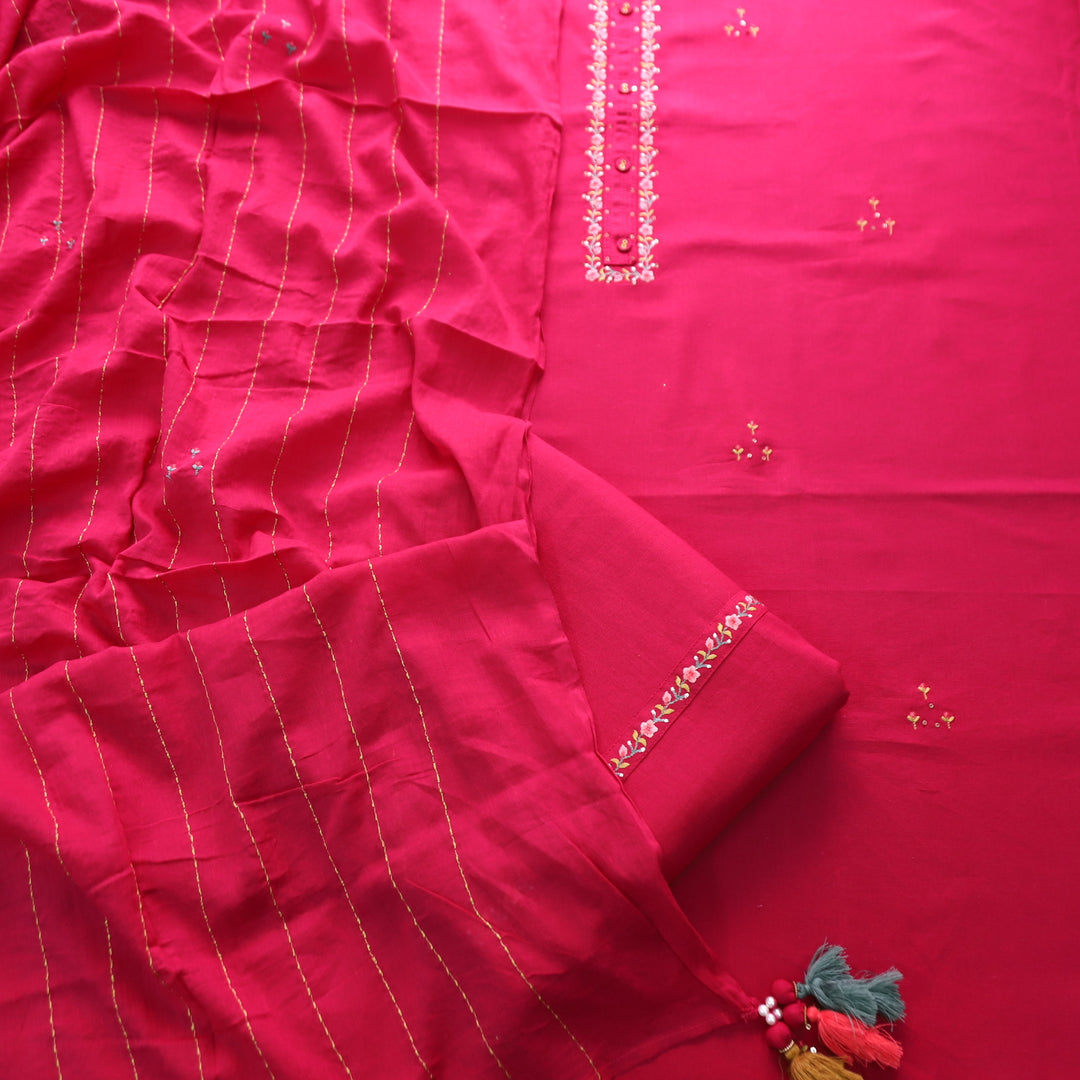 Soniya Rani Pink Thread Work Neck with Button Detailing Cotton Suit Set