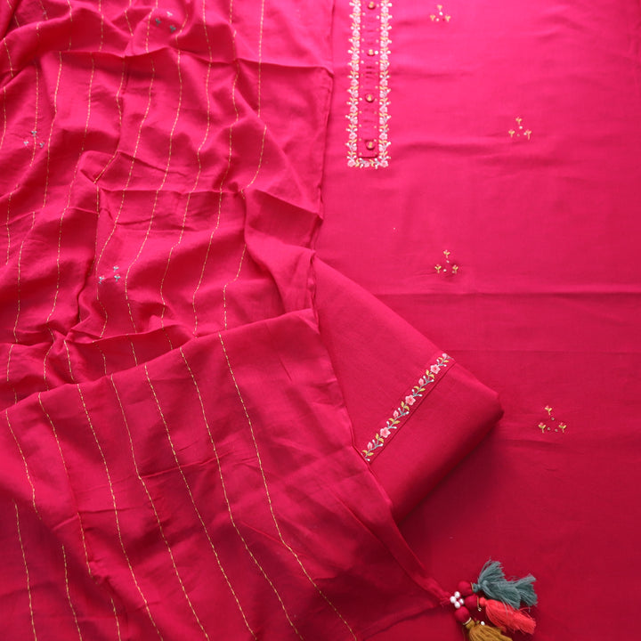 Soniya Rani Pink Thread Work Neck with Button Detailing Cotton Suit Set