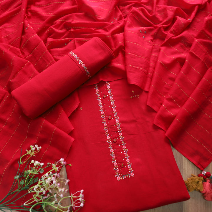 Soniya Cranberry Red Thread Work Neck with Button Detailing Cotton Suit Set