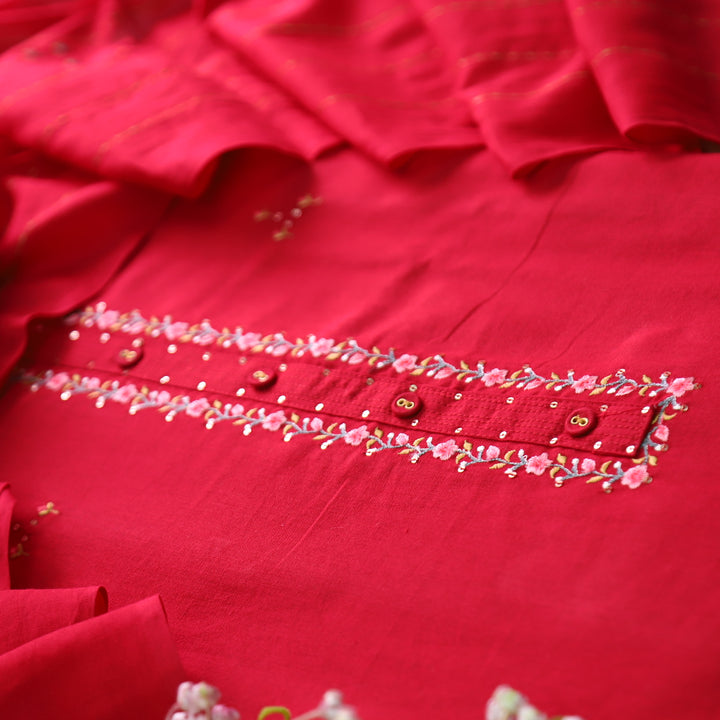 Soniya Cranberry Red Thread Work Neck with Button Detailing Cotton Suit Set