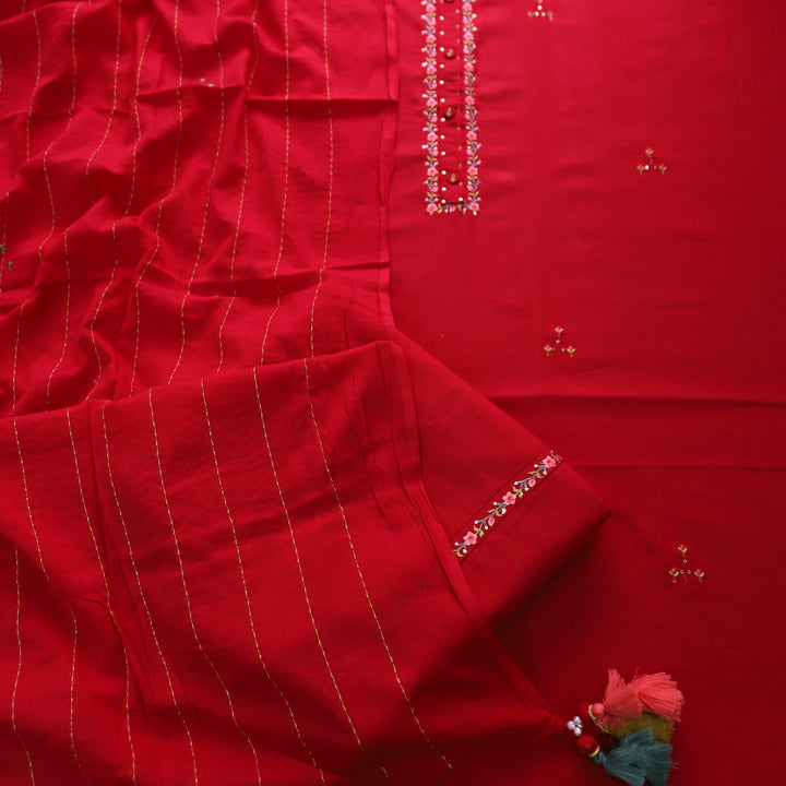 Soniya Cranberry Red Thread Work Neck with Button Detailing Cotton Suit Set