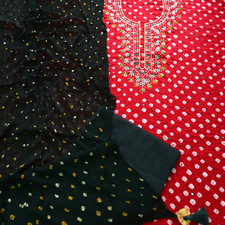 Jhanvi Tomato Red Embellish Neckline in All Over Authentic Bandhej Work Cotton Set