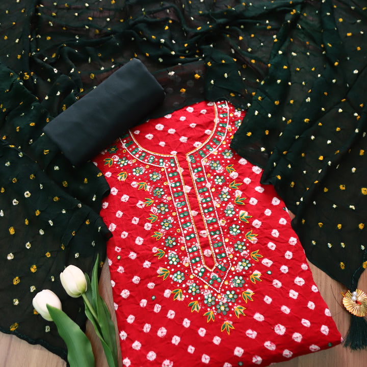 Jhanvi Tomato Red Embellish Neckline in All Over Authentic Bandhej Work Cotton Set
