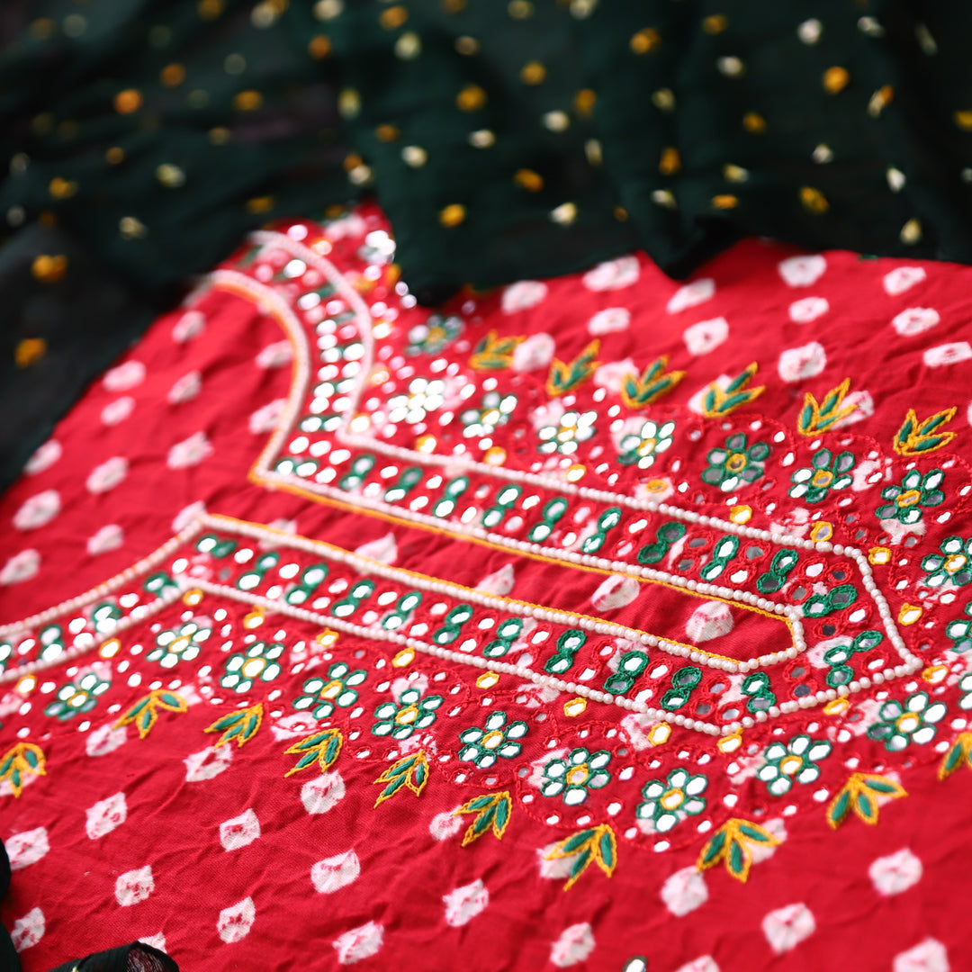 Jhanvi Tomato Red Embellish Neckline in All Over Authentic Bandhej Work Cotton Set