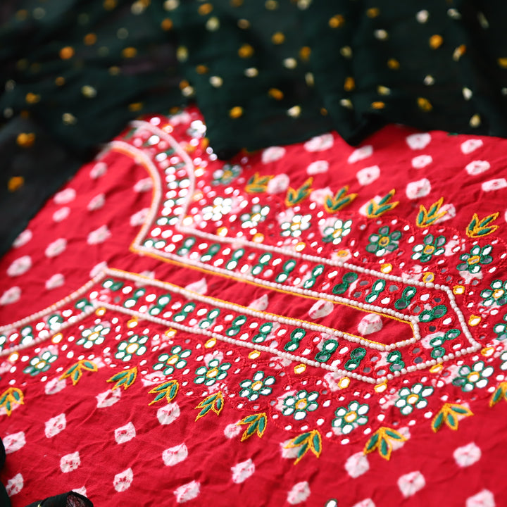 Jhanvi Tomato Red Embellish Neckline in All Over Authentic Bandhej Work Cotton Set