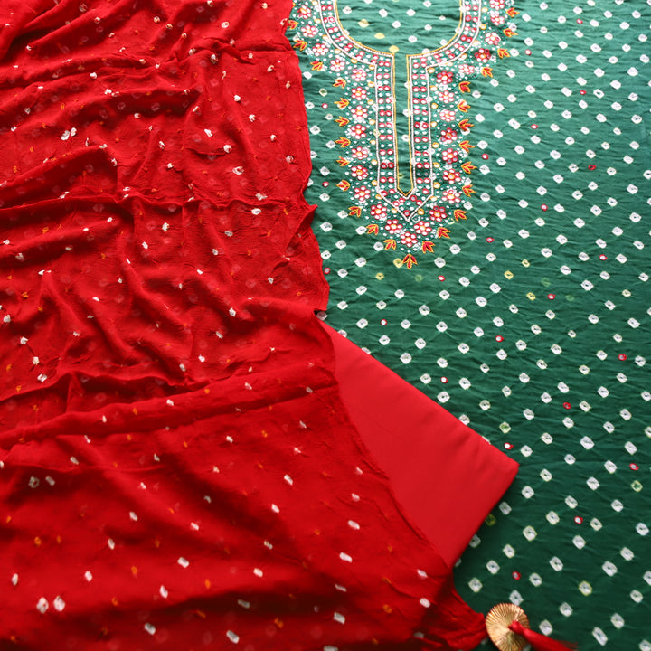 Jhanvi Sac. Green Embellish Neckline in All Over Authentic Bandhej Work Cotton Set