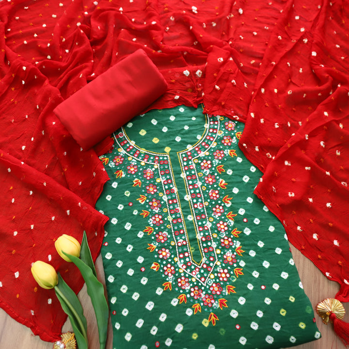 Jhanvi Sac. Green Embellish Neckline in All Over Authentic Bandhej Work Cotton Set