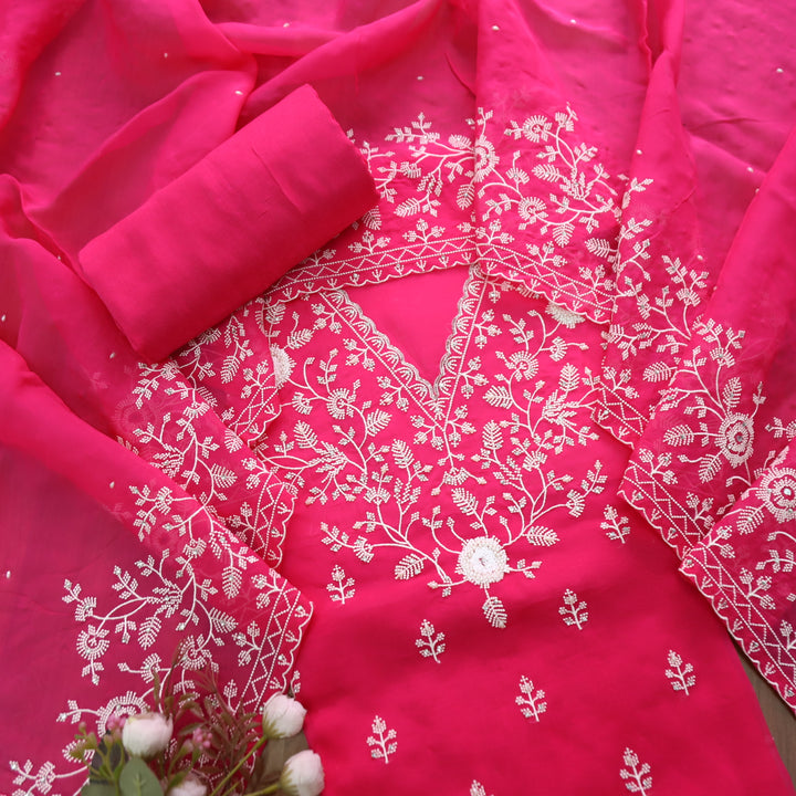 Mourya Gulaabi Pink Thread Embroidered with Moti Work Organza Suit Set