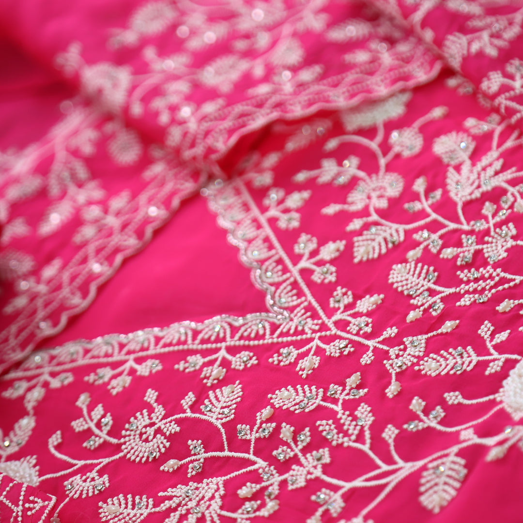 Mourya Gulaabi Pink Thread Embroidered with Moti Work Organza Suit Set