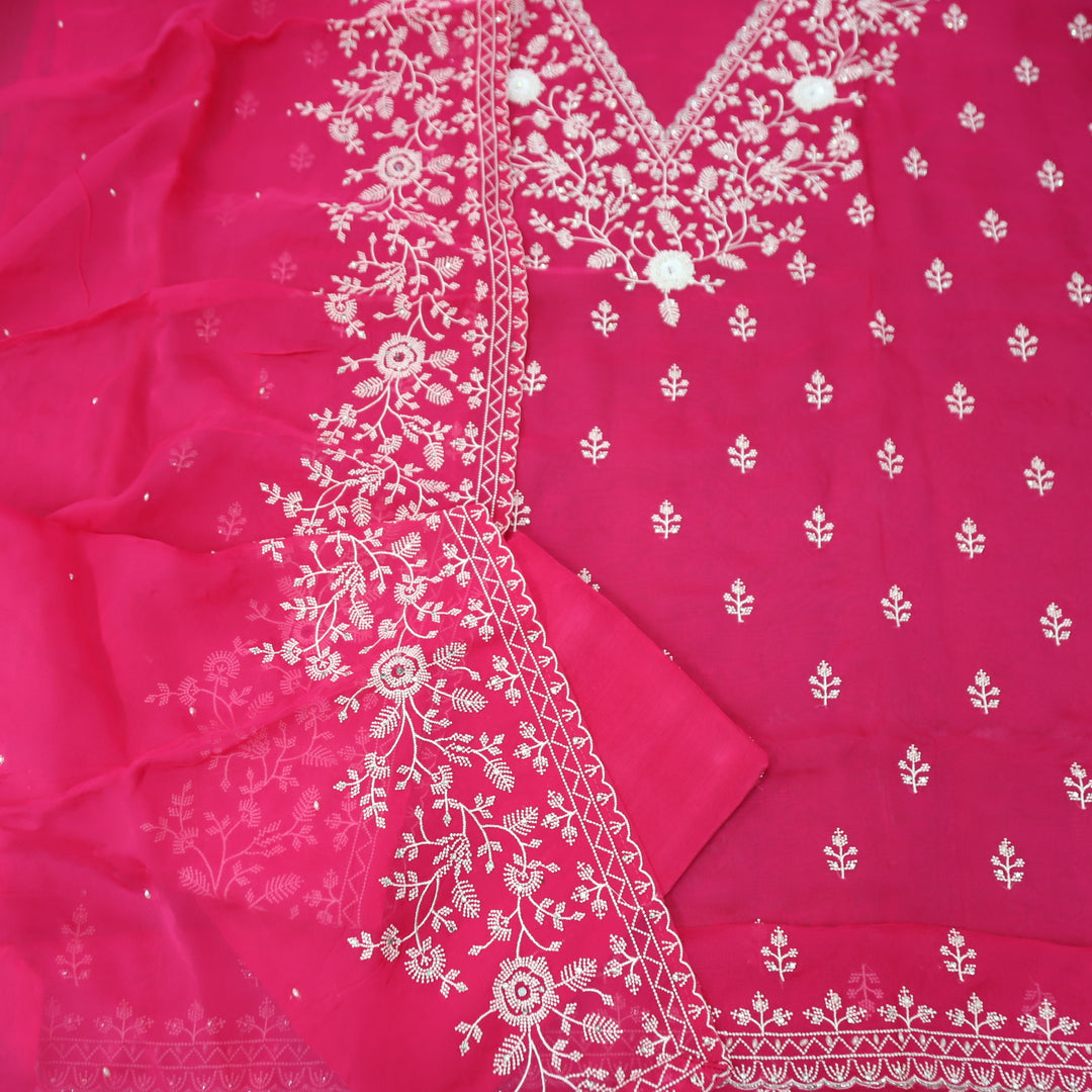 Mourya Gulaabi Pink Thread Embroidered with Moti Work Organza Suit Set