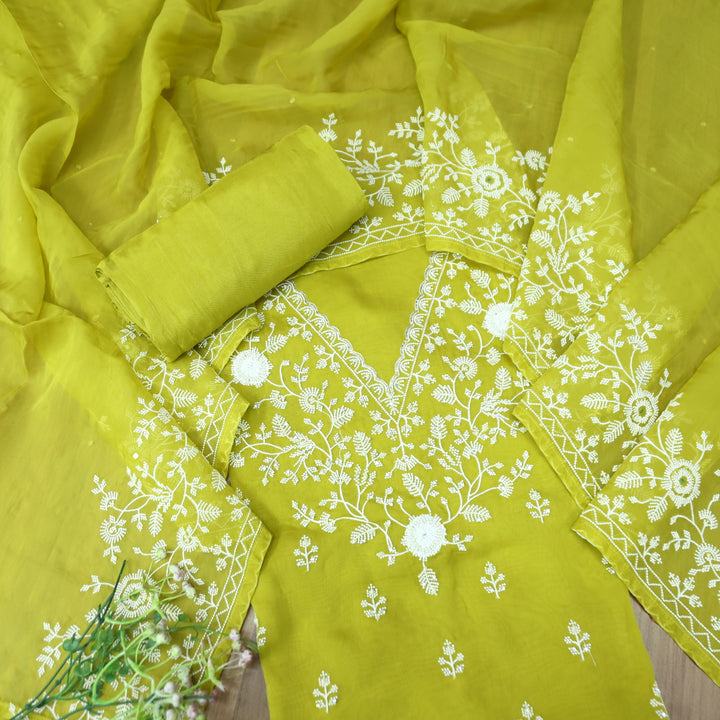 Mourya Lemon Yellow Thread Embroidered with Moti Work Organza Suit Set