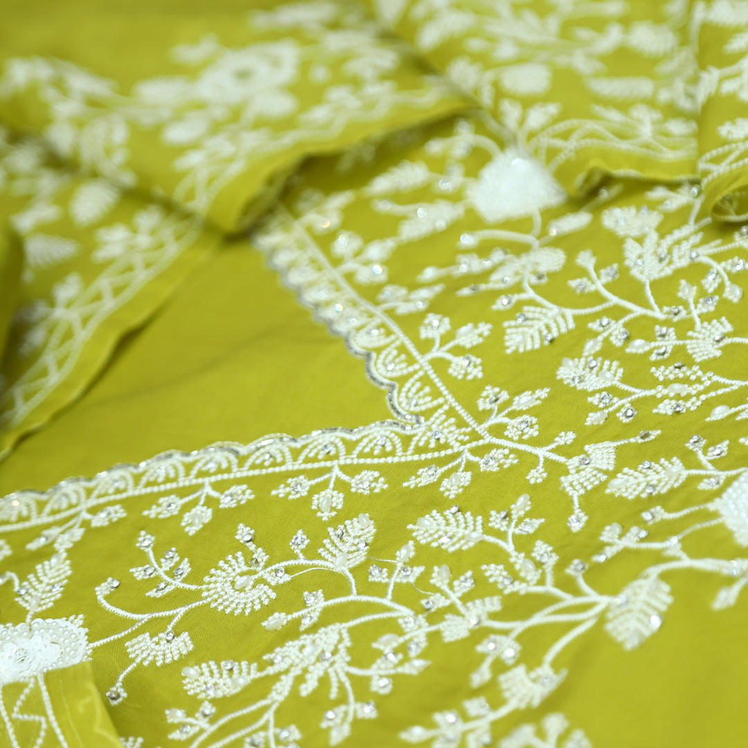 Mourya Lemon Yellow Thread Embroidered with Moti Work Organza Suit Set