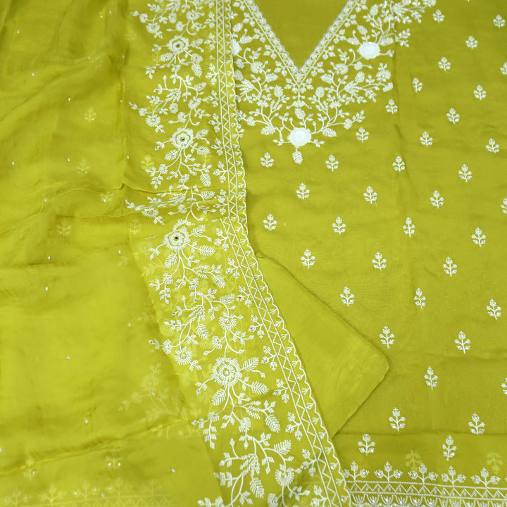 Mourya Lemon Yellow Thread Embroidered with Moti Work Organza Suit Set