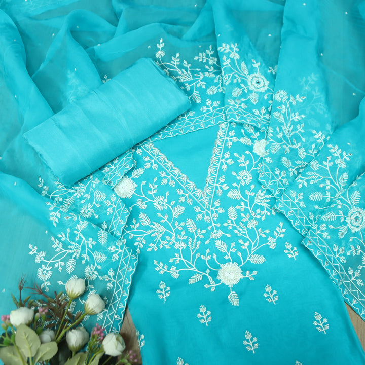Mourya Aasmani Blue Thread Embroidered with Moti Work Organza Suit Set